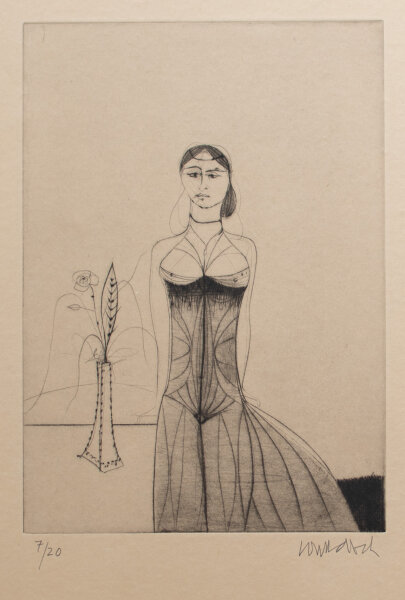 Paul Wunderlich - Frau mit Kleid und Blumenvase - 1999 - Radierung mit leichtem Plattenton
