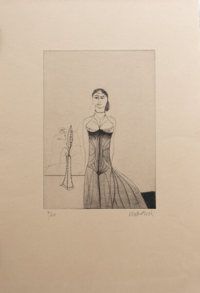 Paul Wunderlich - Frau mit Kleid und Blumenvase - 1999 - Radierung mit leichtem Plattenton