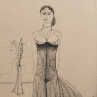 Paul Wunderlich - Frau mit Kleid und Blumenvase - 1999 - Radierung mit leichtem Plattenton