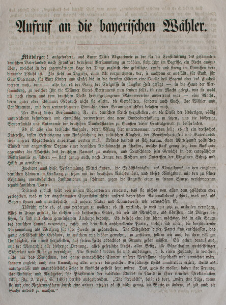 Königreich Bayern - Aufruf zur Wahl der Volksvertretung im deutschen Bund - vor Mai 1848