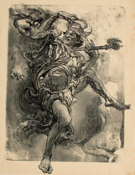 Heinrich Kley - König und Dämon - frühes 20. Jahrhundert - Tuschfeder über gedruckter Aquatinta