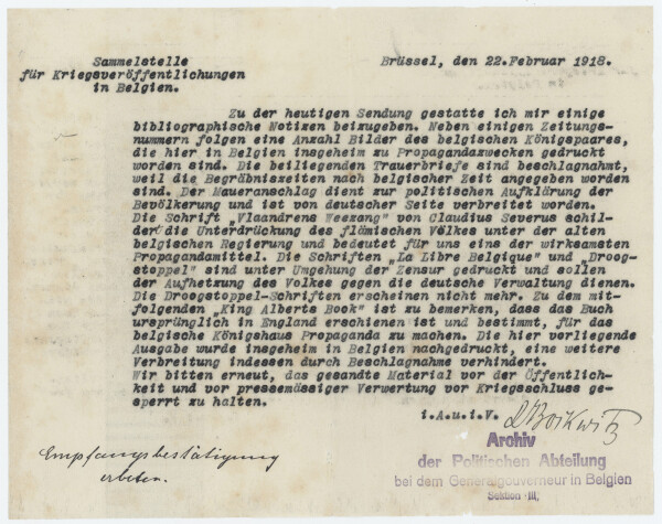 Hans Heinrich Bockwitz - Materialsammlung zum belgischen Widerstand gegen die deutsche Besatzung - 1914-1918