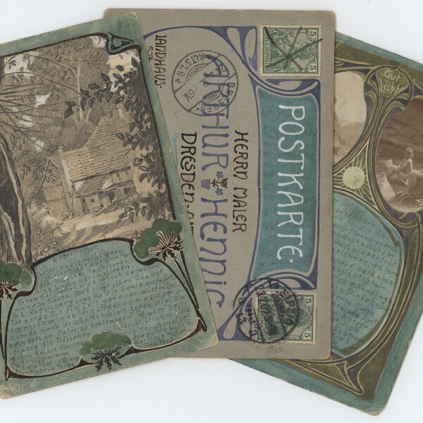 Alfred Prüll an Arthur Hennig - Konvolut: Jugendstilpostkarten - 1901/1902 - Aquarell, Gouache (teils gespritzt), Feder, Goldfarbe und Bleistift mit Fotocollage