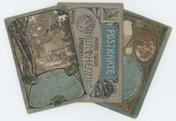 Alfred Prüll an Arthur Hennig - Konvolut: Jugendstilpostkarten - 1901/1902 - Aquarell, Gouache (teils gespritzt), Feder, Goldfarbe und Bleistift mit Fotocollage