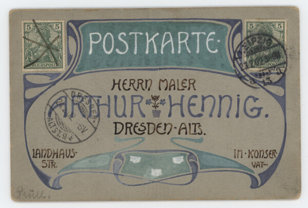 Alfred Prüll an Arthur Hennig - Konvolut: Jugendstilpostkarten - 1901/1902 - Aquarell, Gouache (teils gespritzt), Feder, Goldfarbe und Bleistift mit Fotocollage