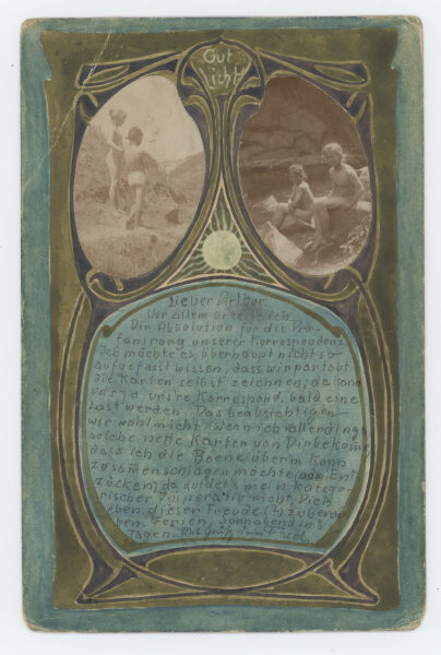 Alfred Prüll an Arthur Hennig - Konvolut: Jugendstilpostkarten - 1901/1902 - Aquarell, Gouache (teils gespritzt), Feder, Goldfarbe und Bleistift mit Fotocollage