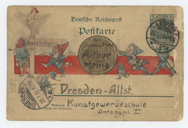 Alfred Prüll an Arthur Hennig - Konvolut: Jugendstilpostkarten - 1901/1902 - Aquarell, Gouache (teils gespritzt), Feder, Goldfarbe und Bleistift mit Fotocollage