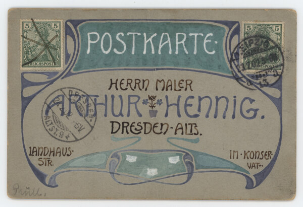 Alfred Prüll an Arthur Hennig - Konvolut: Jugendstilpostkarten - 1901/1902 - Aquarell, Gouache (teils gespritzt), Feder, Goldfarbe und Bleistift mit Fotocollage