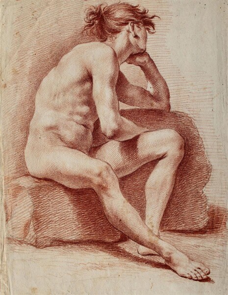 akademischer Zeichner - Männerakt, sitzend - um 1800 - Rötelzeichnung