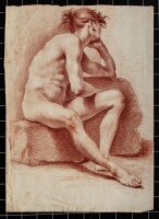 akademischer Zeichner - Männerakt, sitzend - um 1800 - Rötelzeichnung