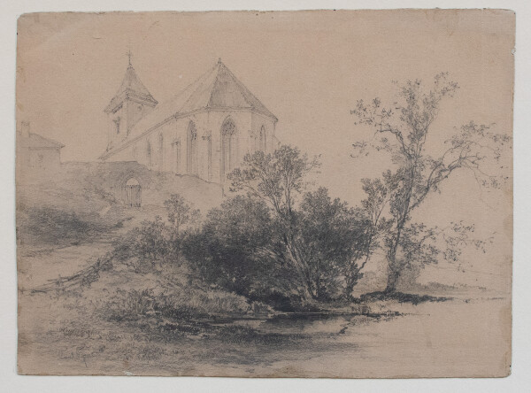 Carl Graeb | Kirche mit Weiher | Bleistiftzeichnung | 19. Jhd.