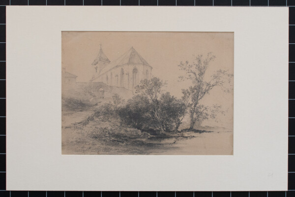 Carl Graeb | Kirche mit Weiher | Bleistiftzeichnung | 19. Jhd.