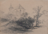 Carl Graeb | Kirche mit Weiher | Bleistiftzeichnung | 19....