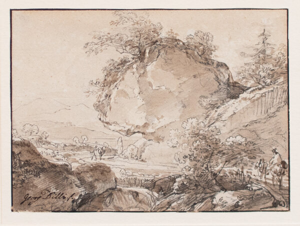 Johann Georg von Dillis | Weg im Gebirge mit überhängendem Fels | Tusche, laviert über Bleistift | Spätes 18. Jhd.