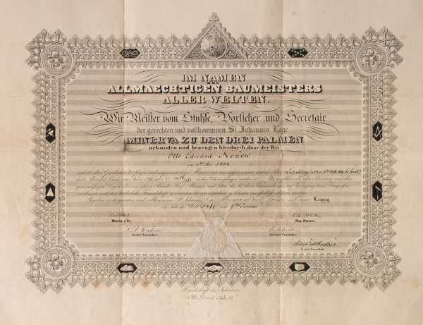 Loge Minerva zu den drei Palmen (Leipzig)  | Aufnahmeurkunde | Urkunde | 1860