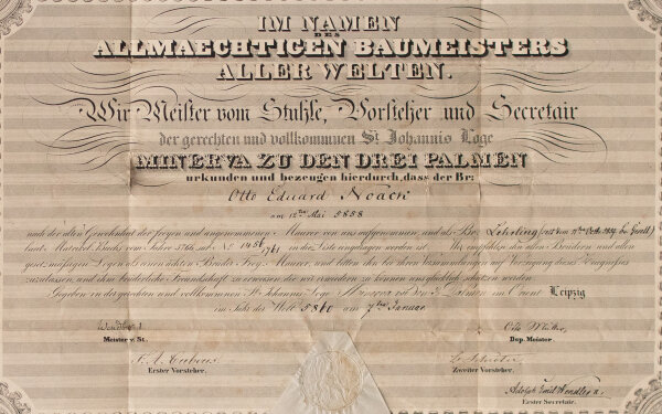 Loge Minerva zu den drei Palmen (Leipzig)  | Aufnahmeurkunde | Urkunde | 1860